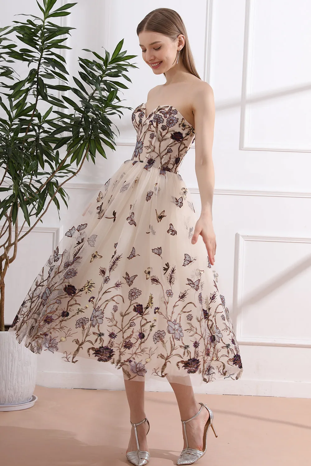 Strapless Corset Floral Butterfly Embroidery Midi Dress