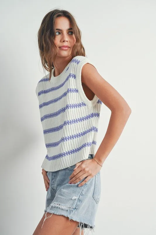 Striped Knit Sweater Tank Ivory Lavender