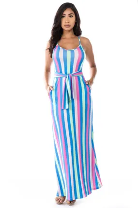 TEEK - BLUE YELLOW DOWN STRIPE BELTED MAXI DRESS