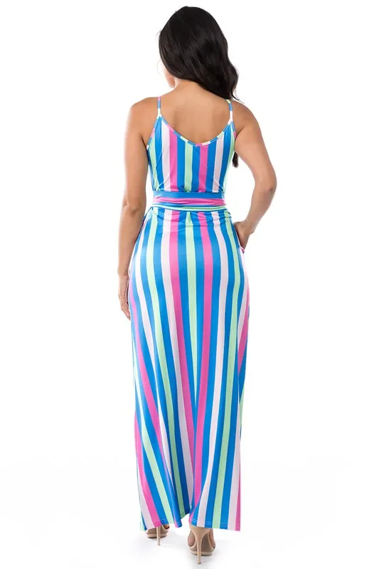 TEEK - BLUE YELLOW DOWN STRIPE BELTED MAXI DRESS