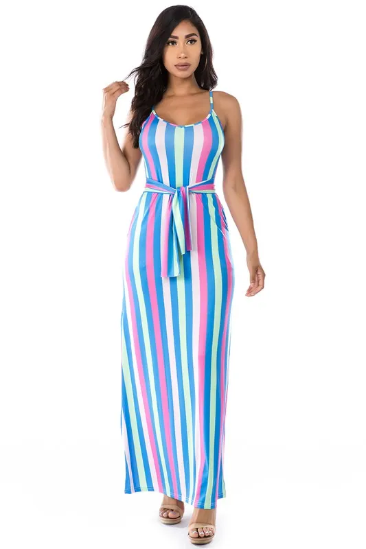 TEEK - BLUE YELLOW DOWN STRIPE BELTED MAXI DRESS