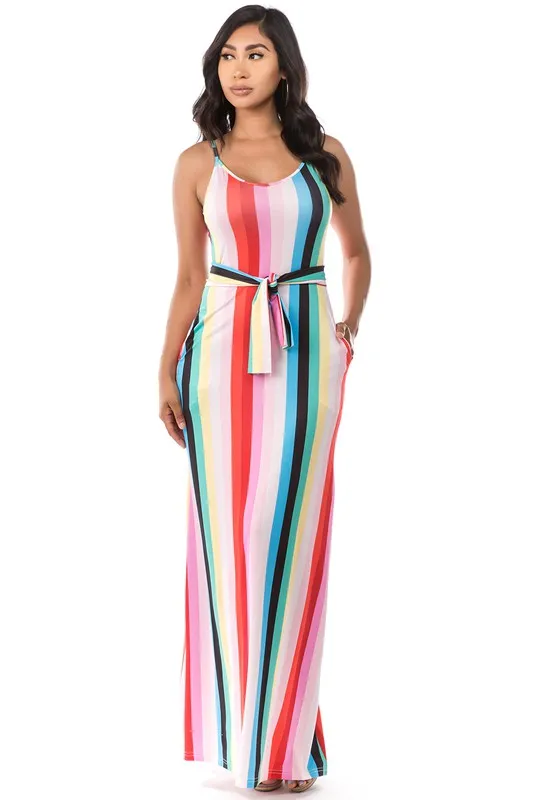 TEEK - PINK BLACK MULTICOLOR DOWN STRIPE BELTED POCKETED MAXI DRESS