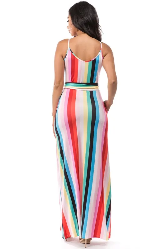 TEEK - PINK BLACK MULTICOLOR DOWN STRIPE BELTED POCKETED MAXI DRESS