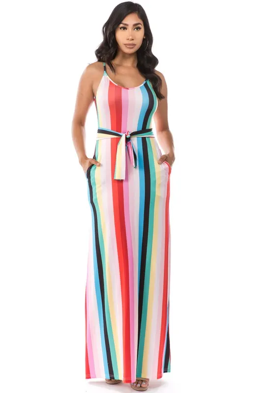 TEEK - PINK BLACK MULTICOLOR DOWN STRIPE BELTED POCKETED MAXI DRESS