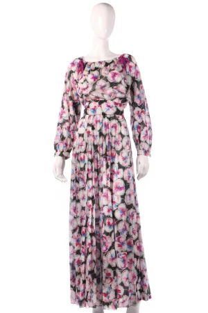 Tricosa Vintage 1970's Maxi Dress Black and Pink Floral w/ Belt Size 8/10