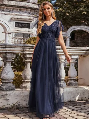 V-Neck Floral Lace Sheer Floor-Length Vintage Evening Dress