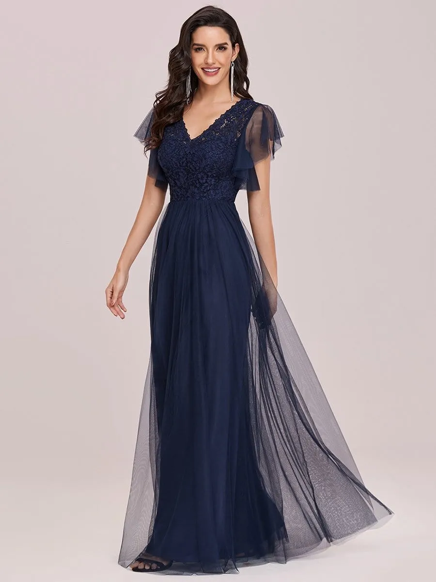 V-Neck Floral Lace Sheer Floor-Length Vintage Evening Dress