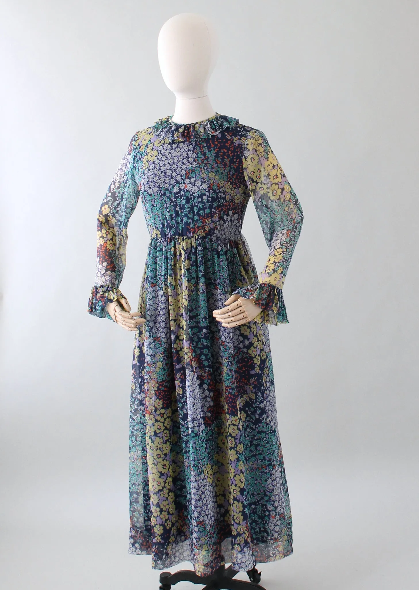 Vintage 1960s Floral Chiffon Long Sleeve Maxi Dress