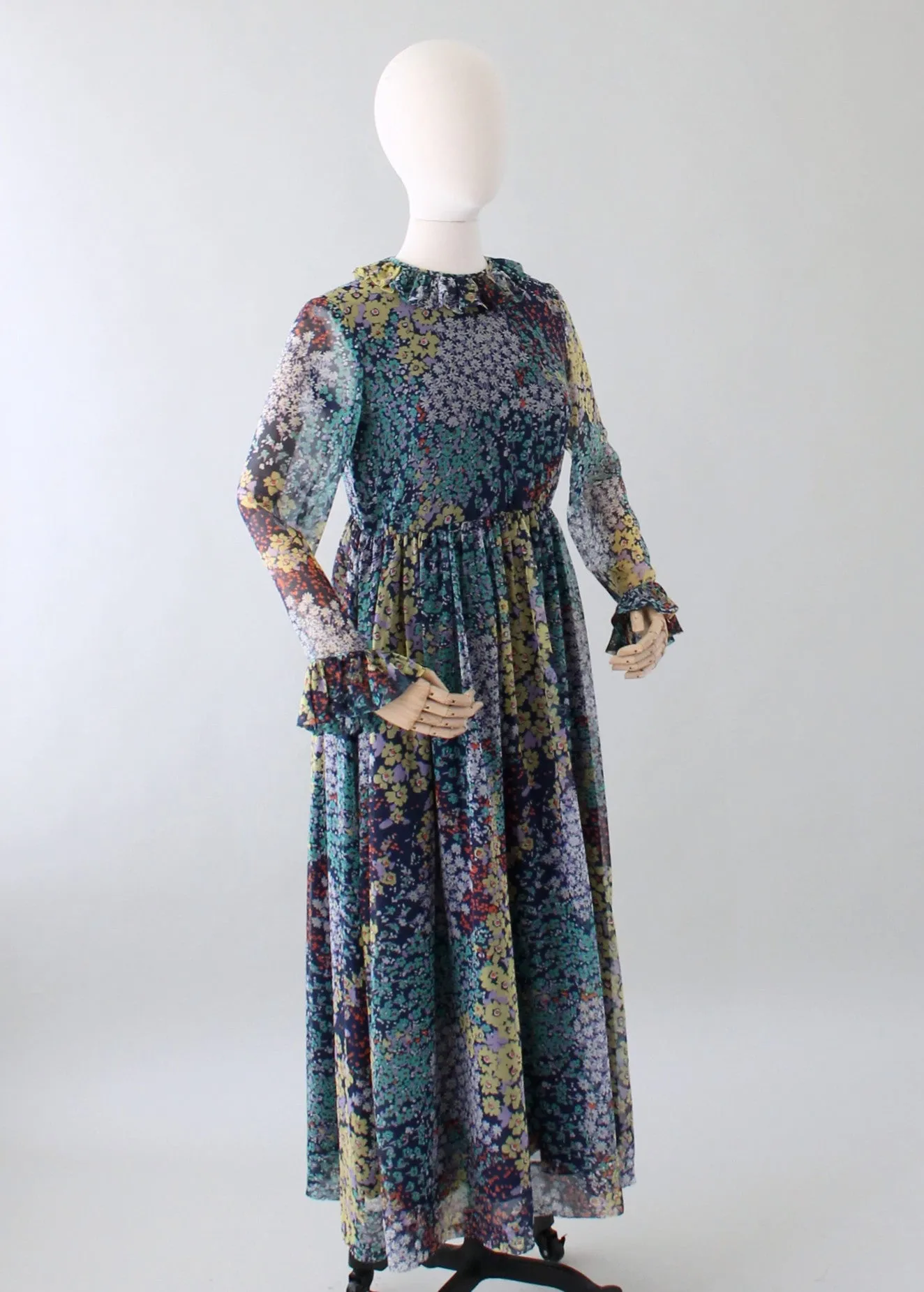 Vintage 1960s Floral Chiffon Long Sleeve Maxi Dress