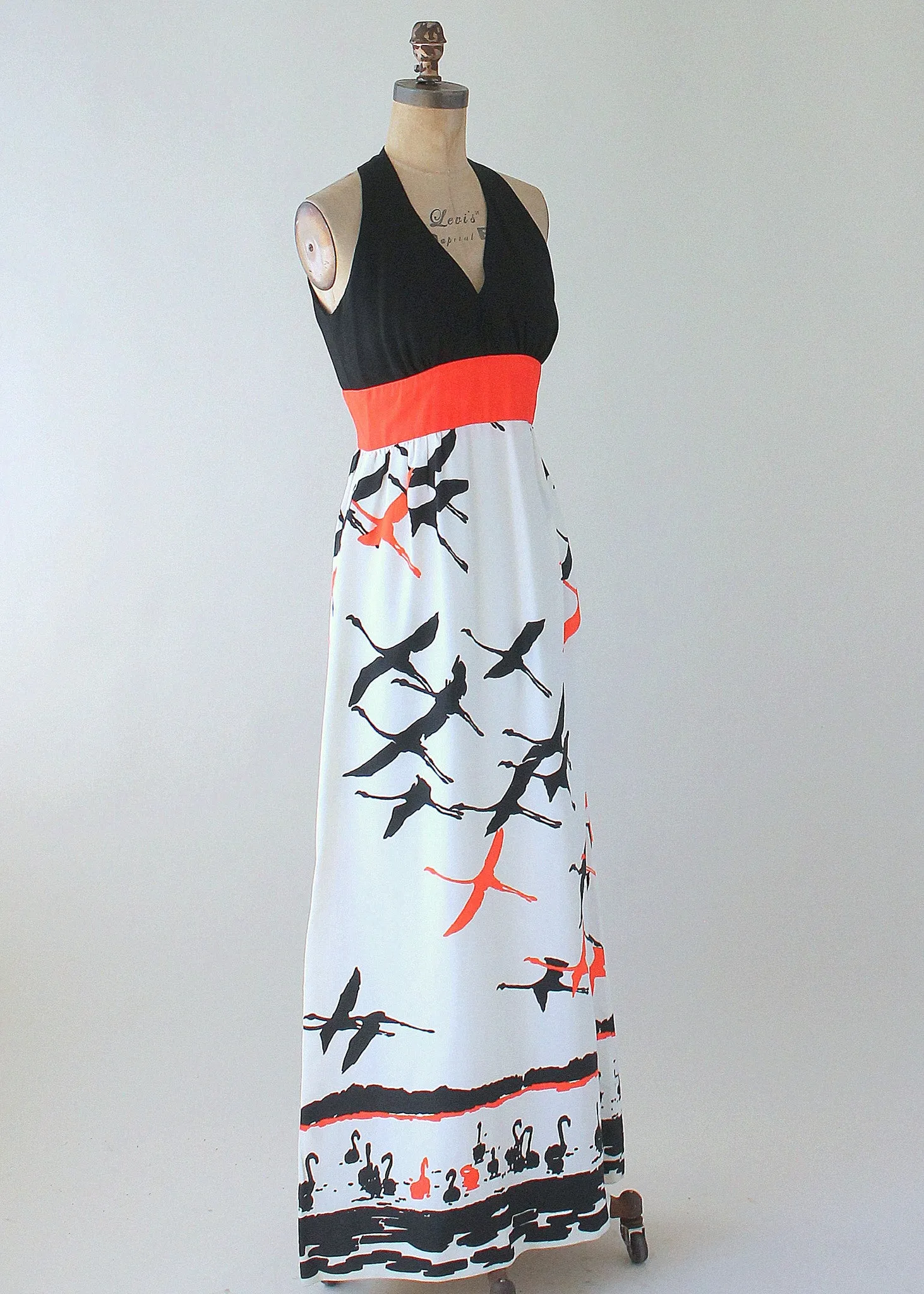 Vintage 1970s Flock of Birds Maxi Dress