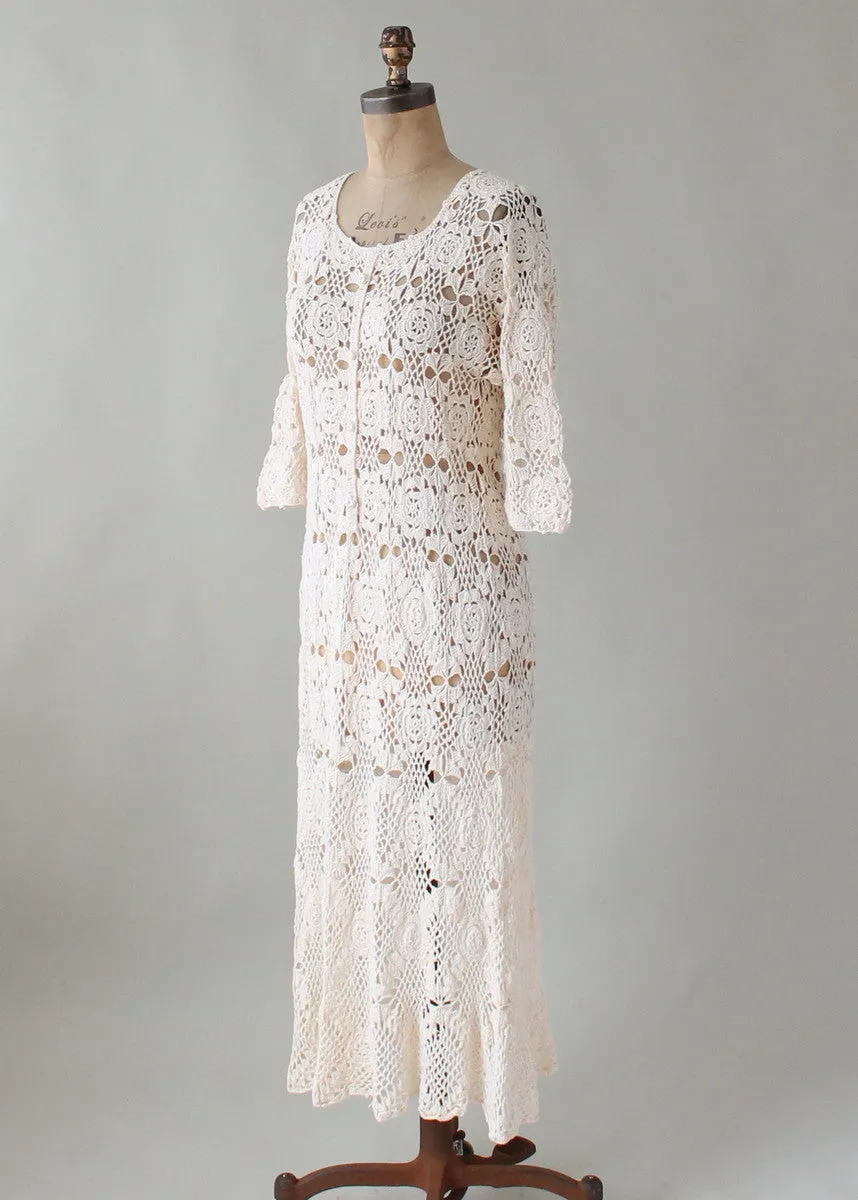 Vintage 1970s Ivory Crochet Caftan Dress