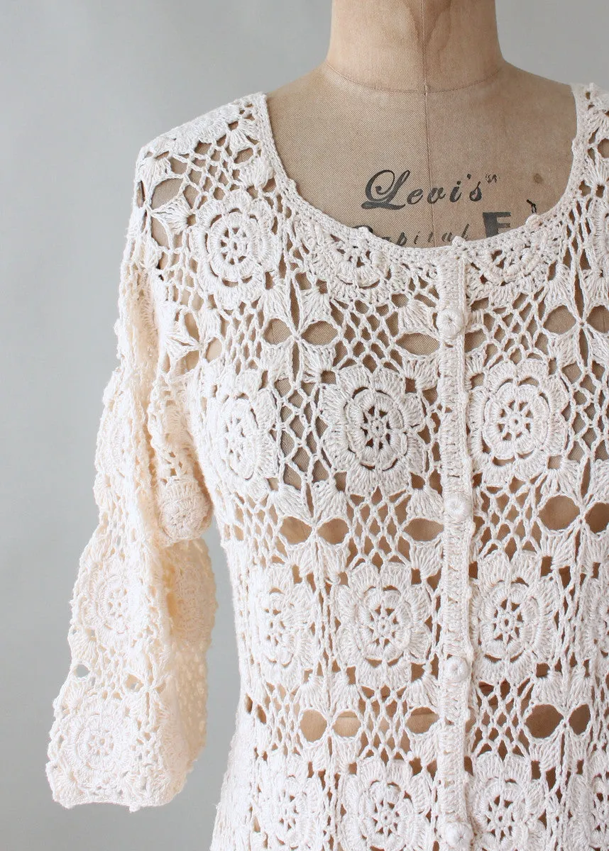 Vintage 1970s Ivory Crochet Caftan Dress