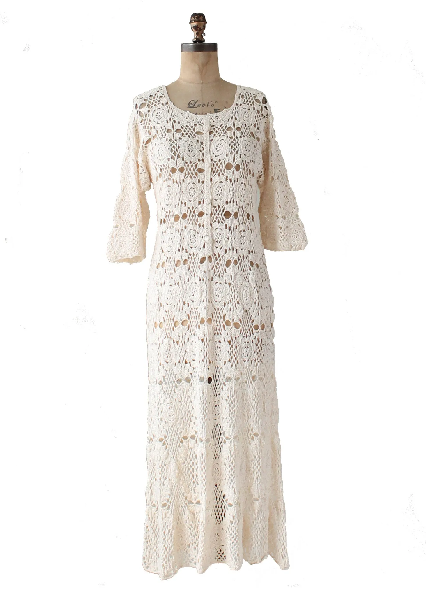 Vintage 1970s Ivory Crochet Caftan Dress