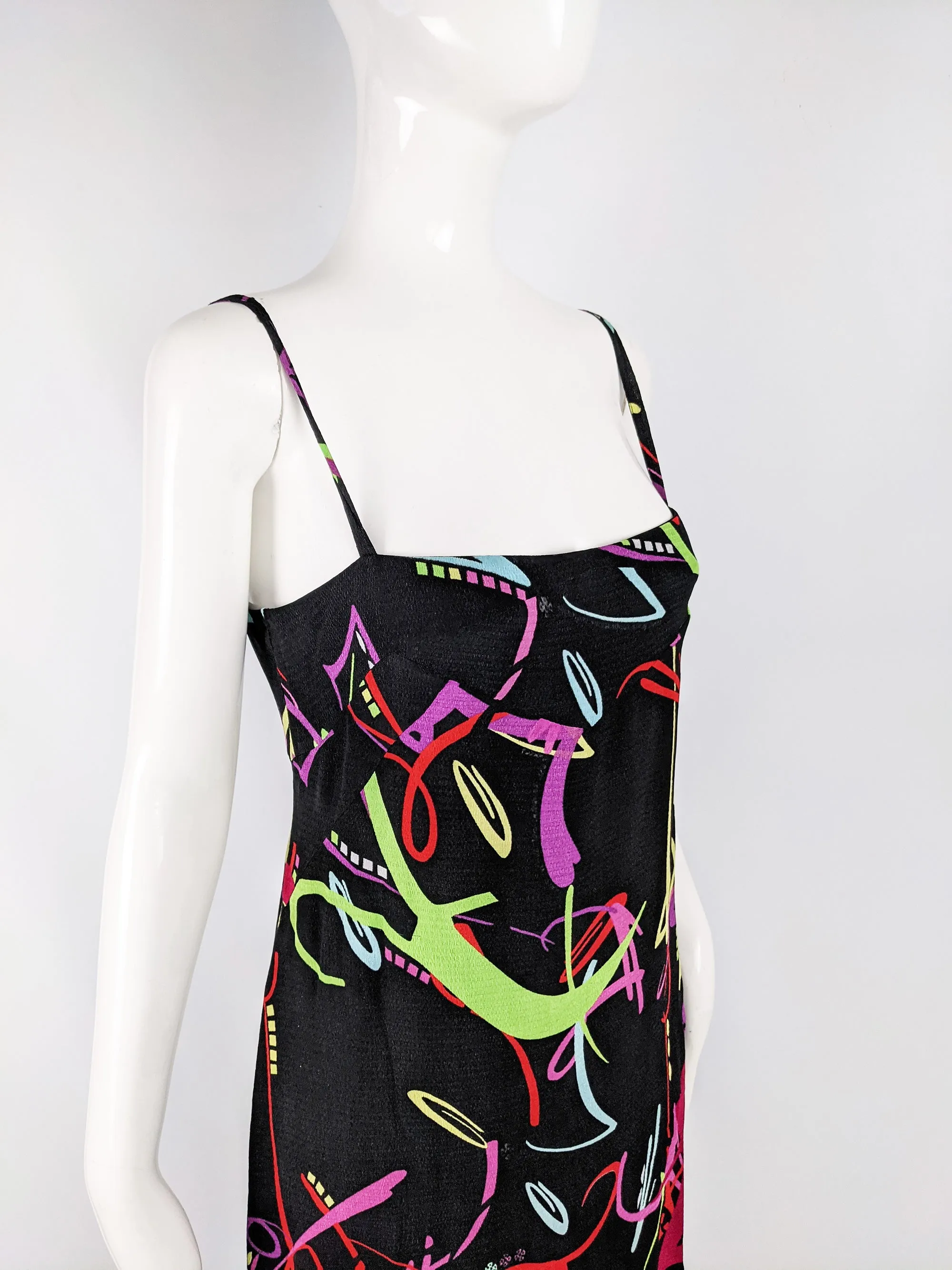 Vintage Black & Multicoloured Sleeveless Maxi Slip Dress, 1990s