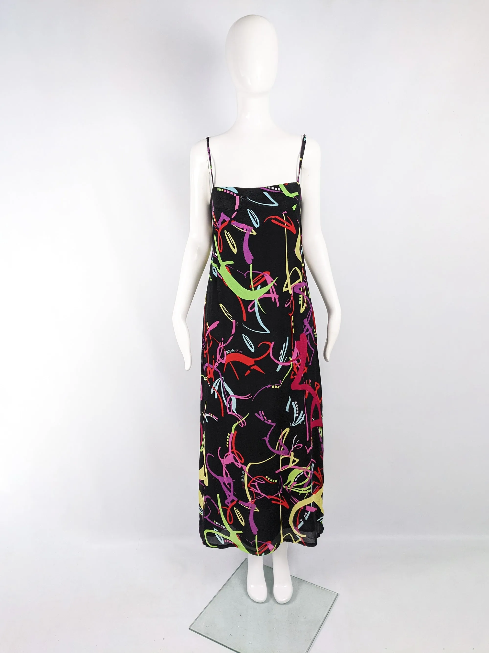 Vintage Black & Multicoloured Sleeveless Maxi Slip Dress, 1990s