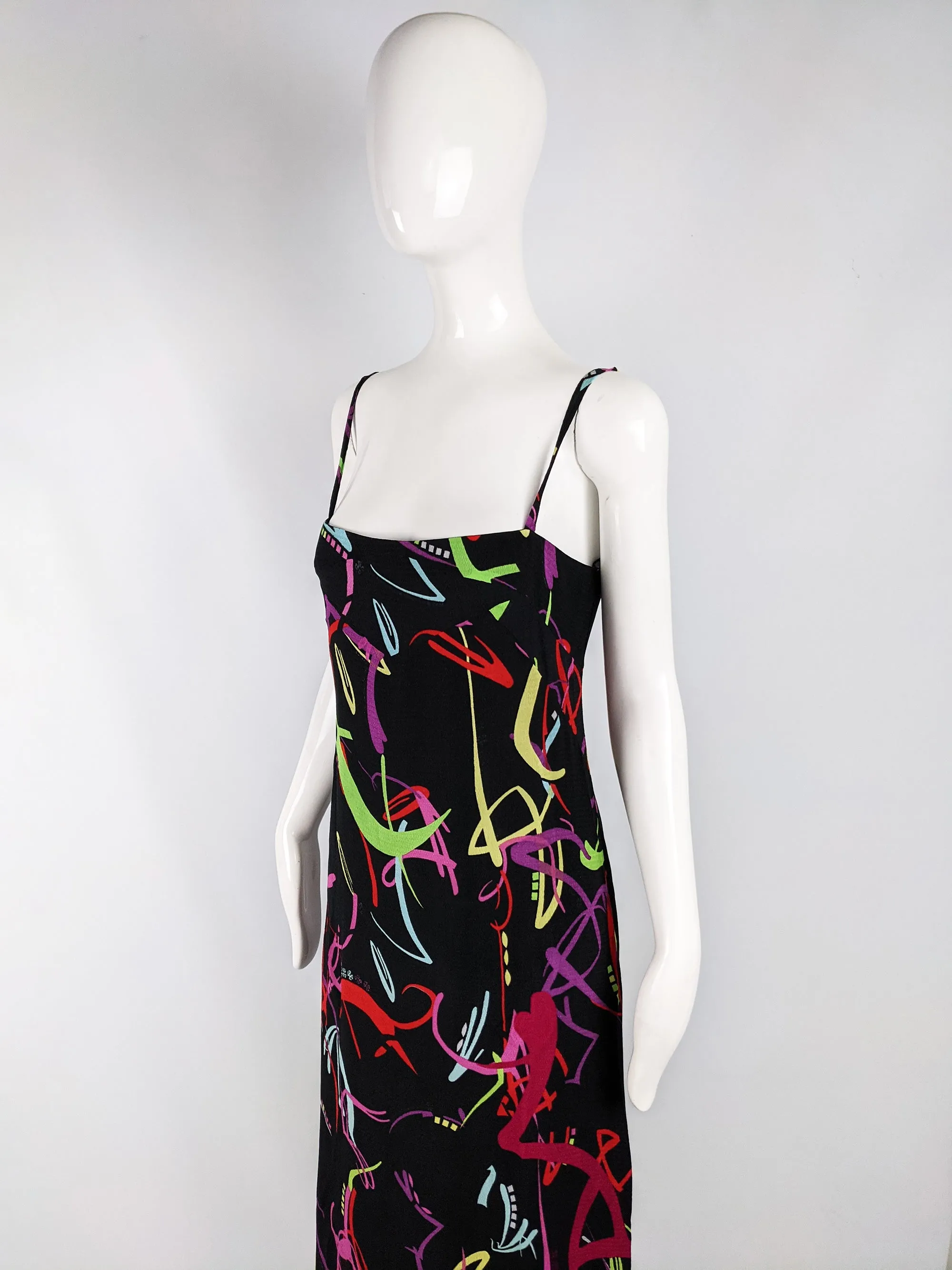 Vintage Black & Multicoloured Sleeveless Maxi Slip Dress, 1990s