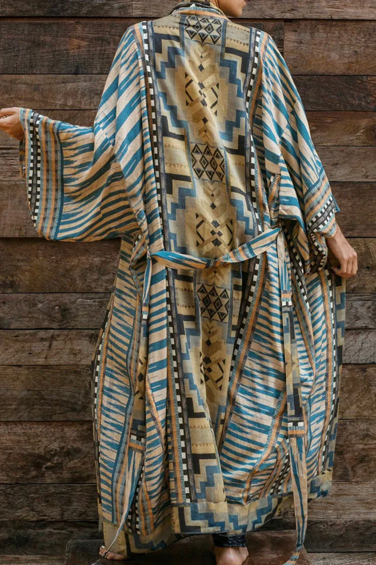 Vintage Geometric Printed Long Sleeve Maxi Kimono Cover Up