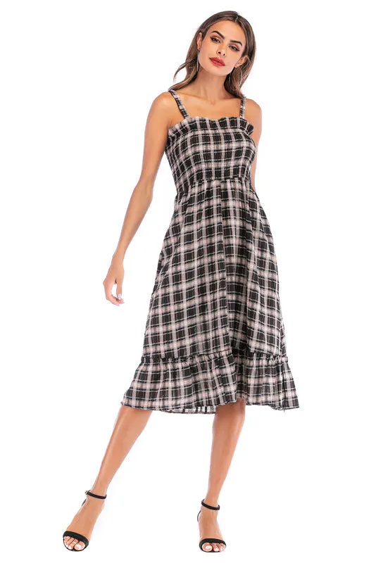 Vintage Gingham Ruffle Trim Shirred Dress