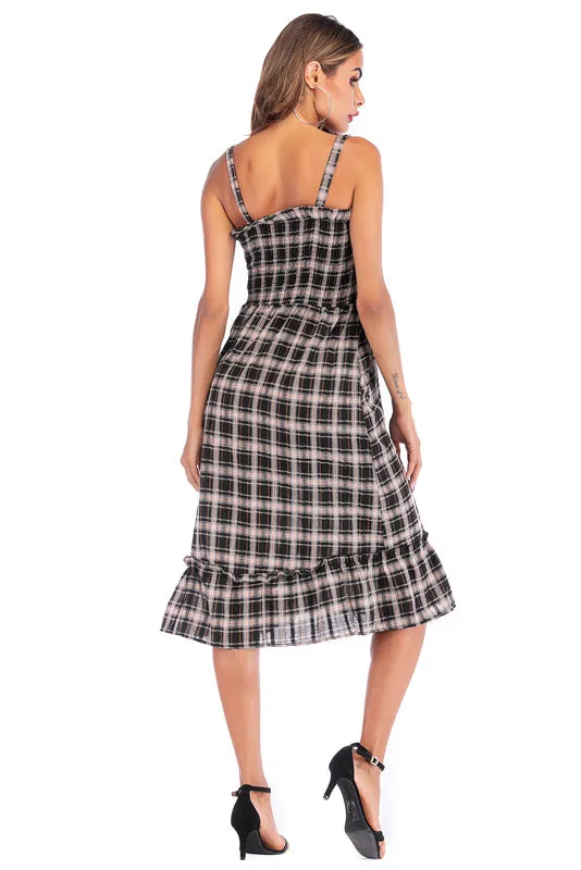 Vintage Gingham Ruffle Trim Shirred Dress