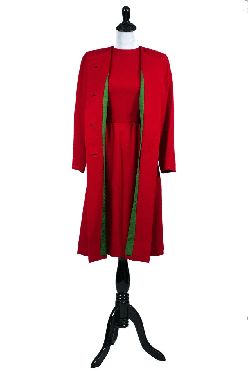 Vintage Red Sheath Dress Matching Coat with Green Lining 1950s 1960s