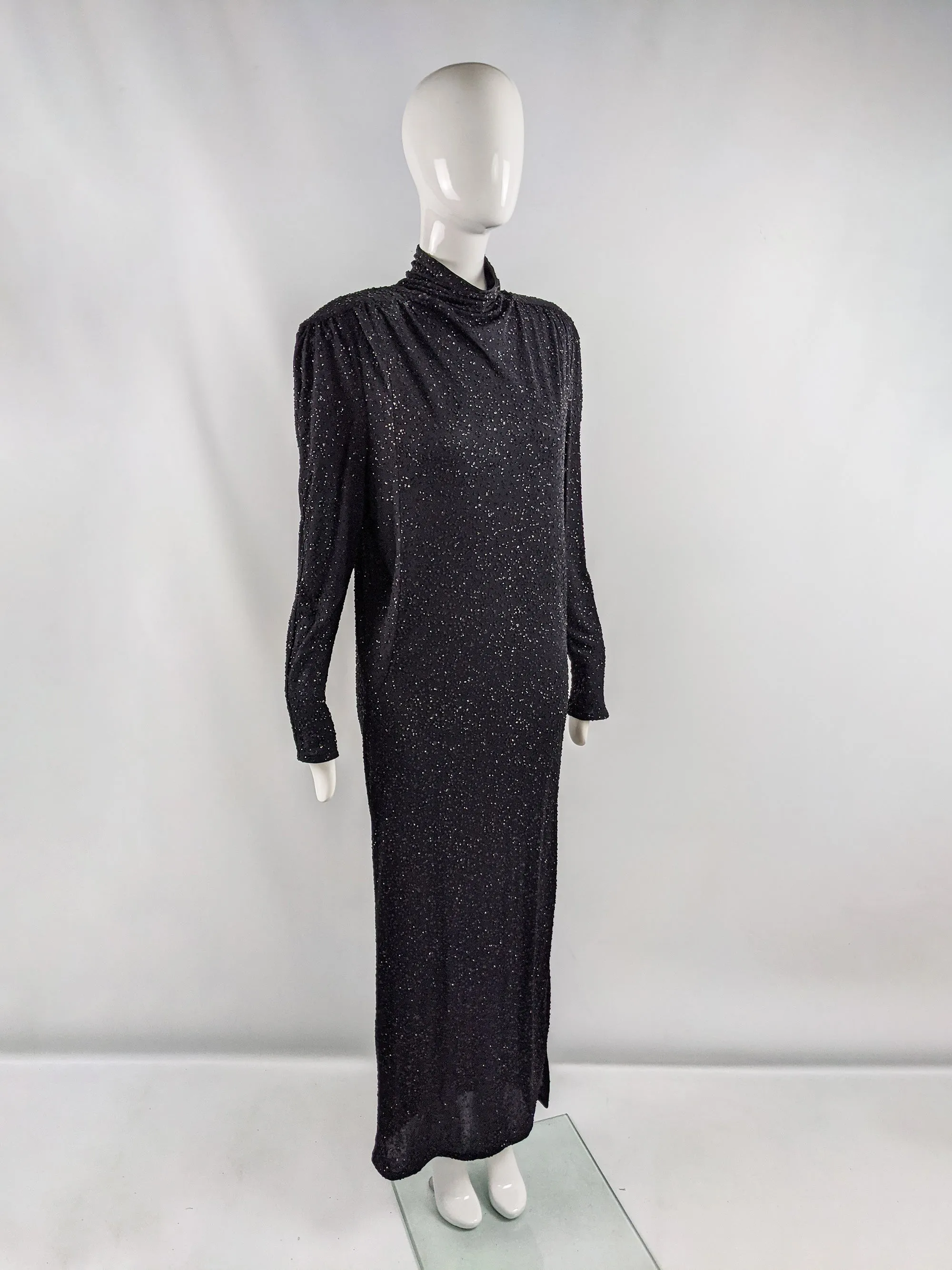 Vintage Shoulder Padded Black Glittery Backless Dress, 1980s