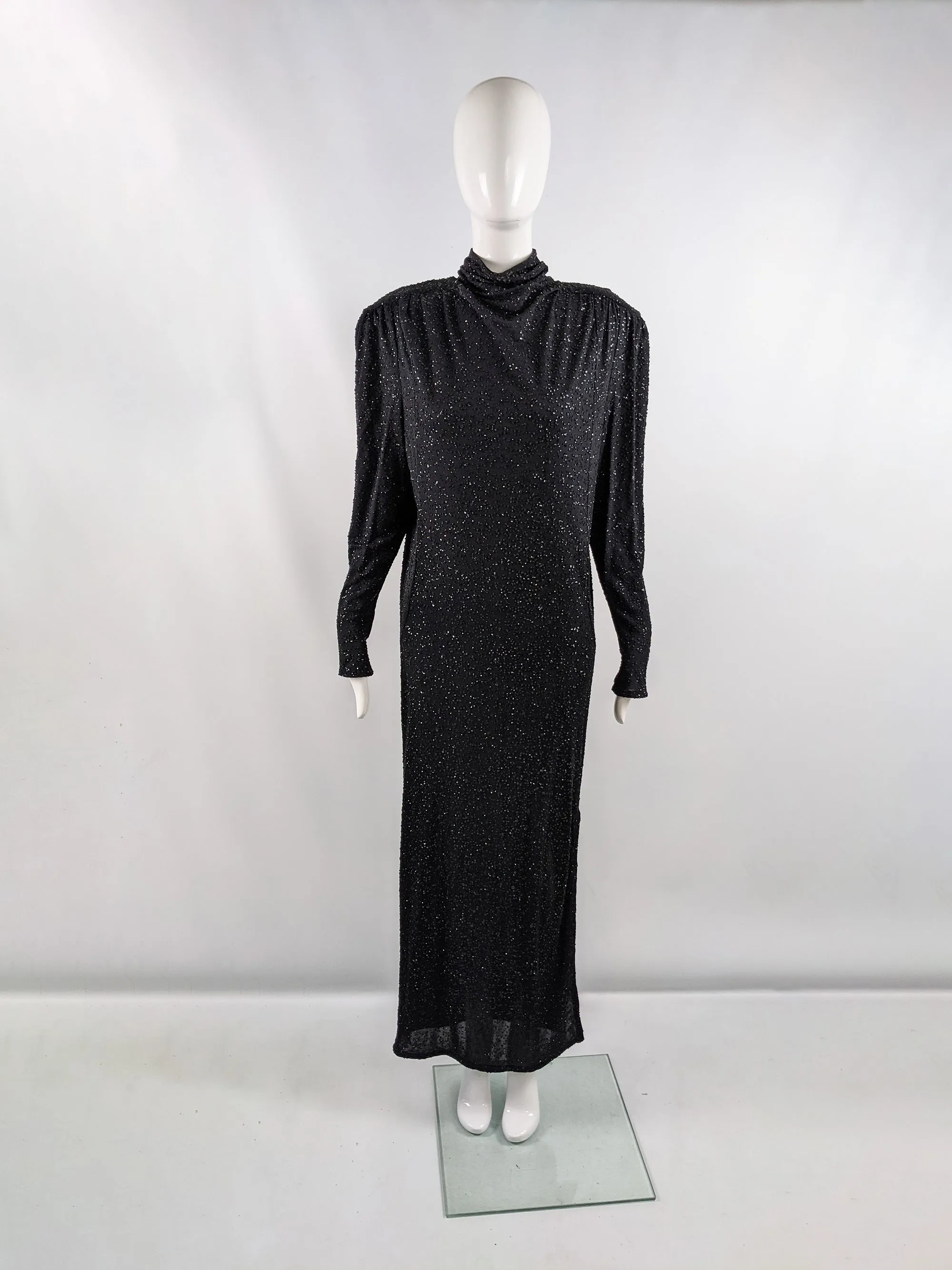 Vintage Shoulder Padded Black Glittery Backless Dress, 1980s