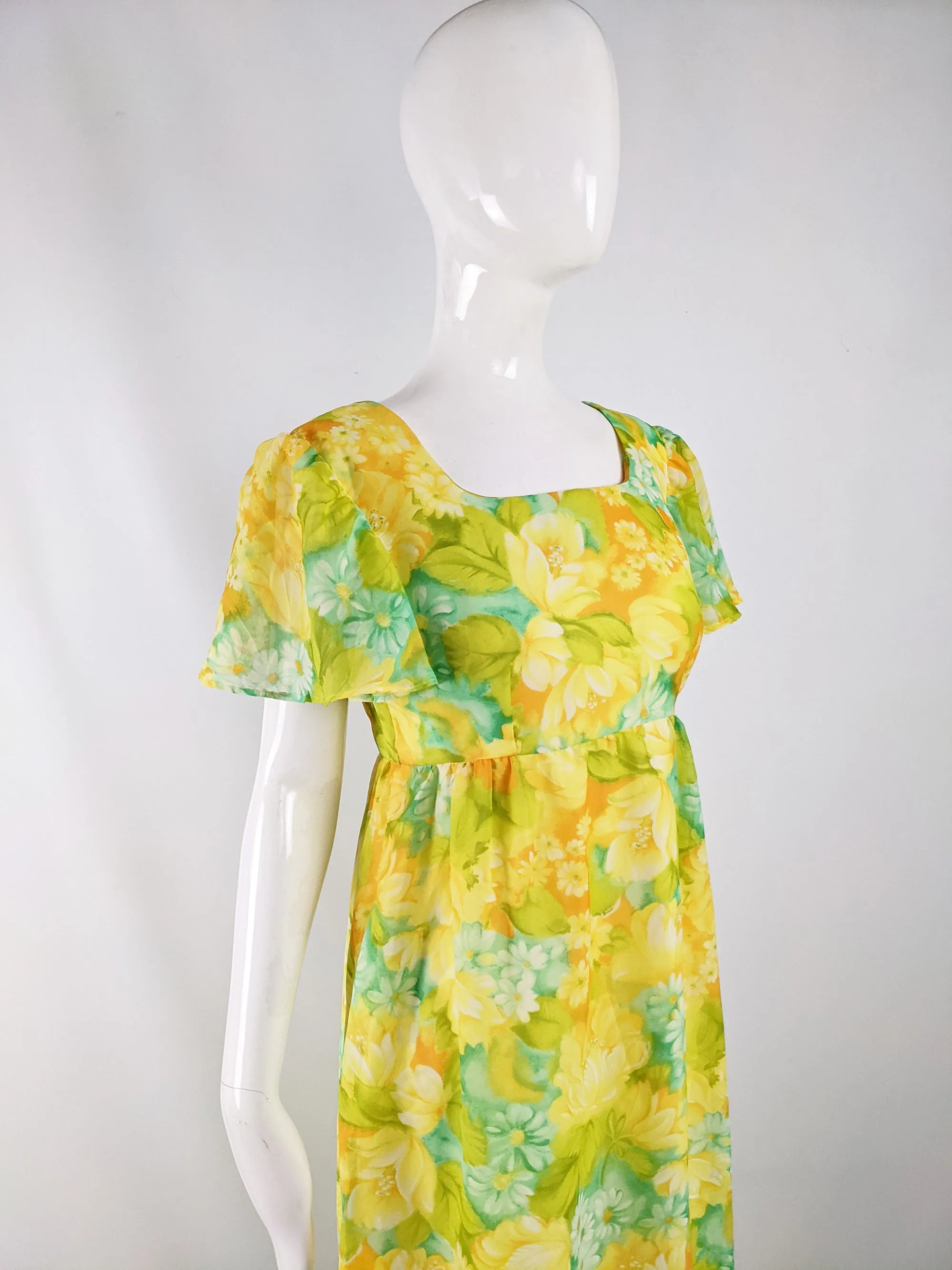 Vintage Yellow & Green Maxi Empire Line Dress, 1970s