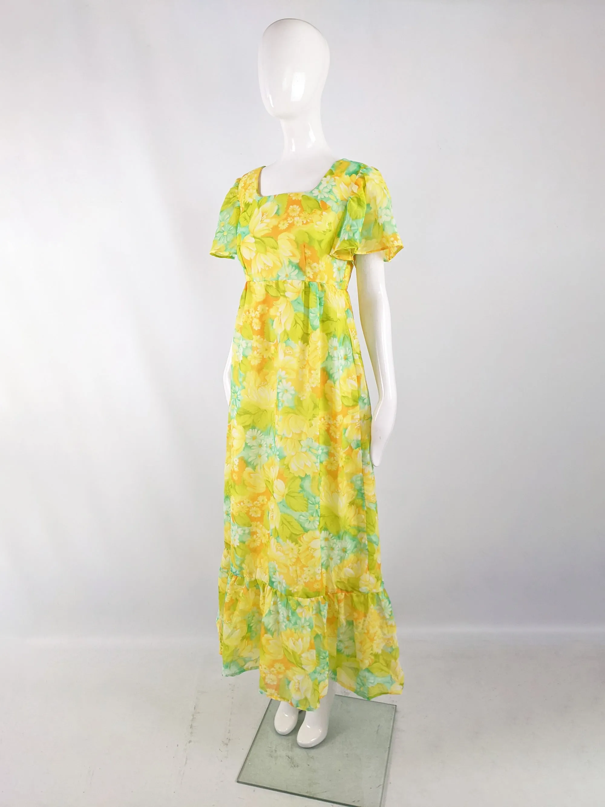 Vintage Yellow & Green Maxi Empire Line Dress, 1970s