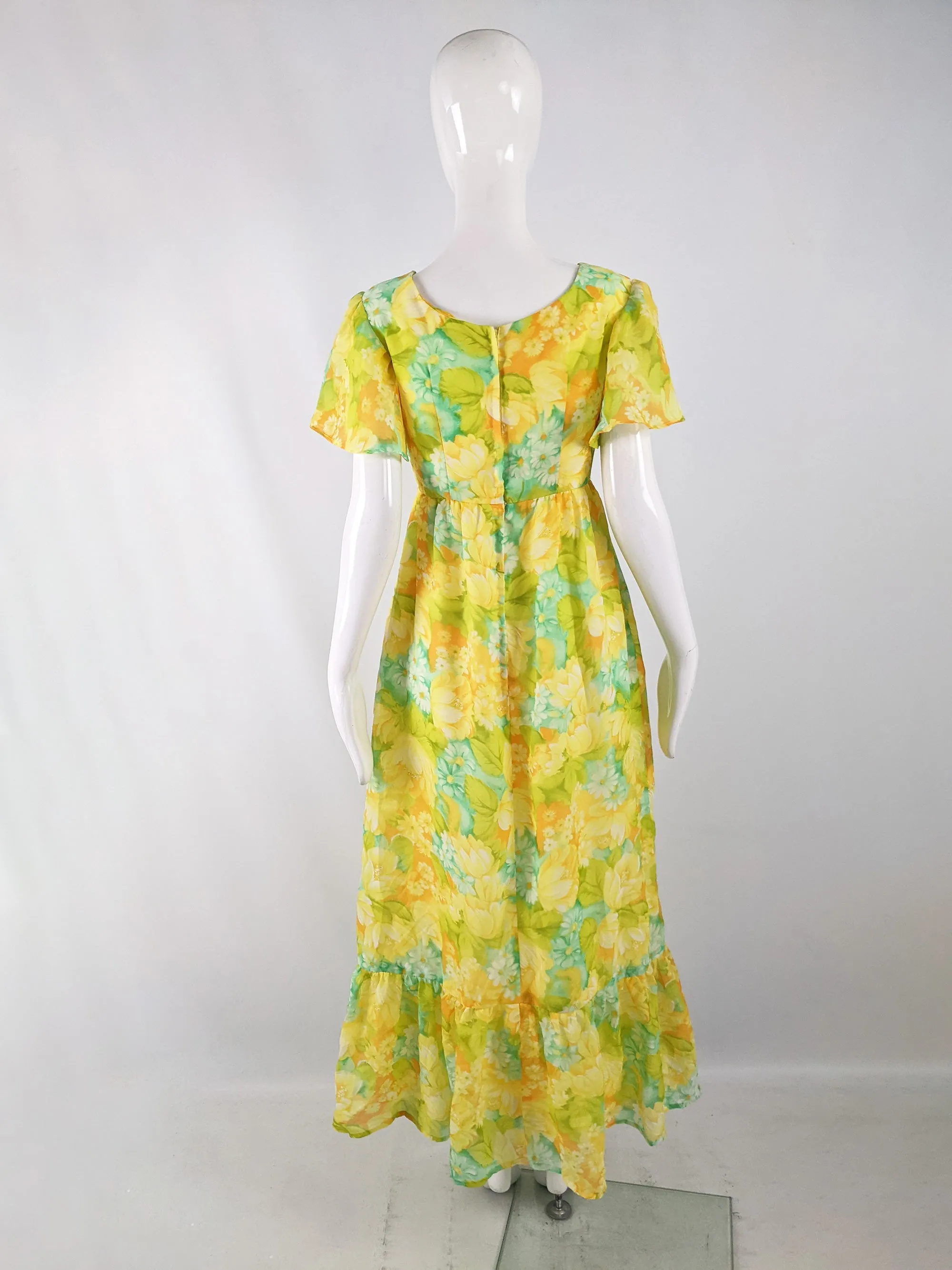 Vintage Yellow & Green Maxi Empire Line Dress, 1970s