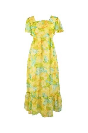 Vintage Yellow & Green Maxi Empire Line Dress, 1970s