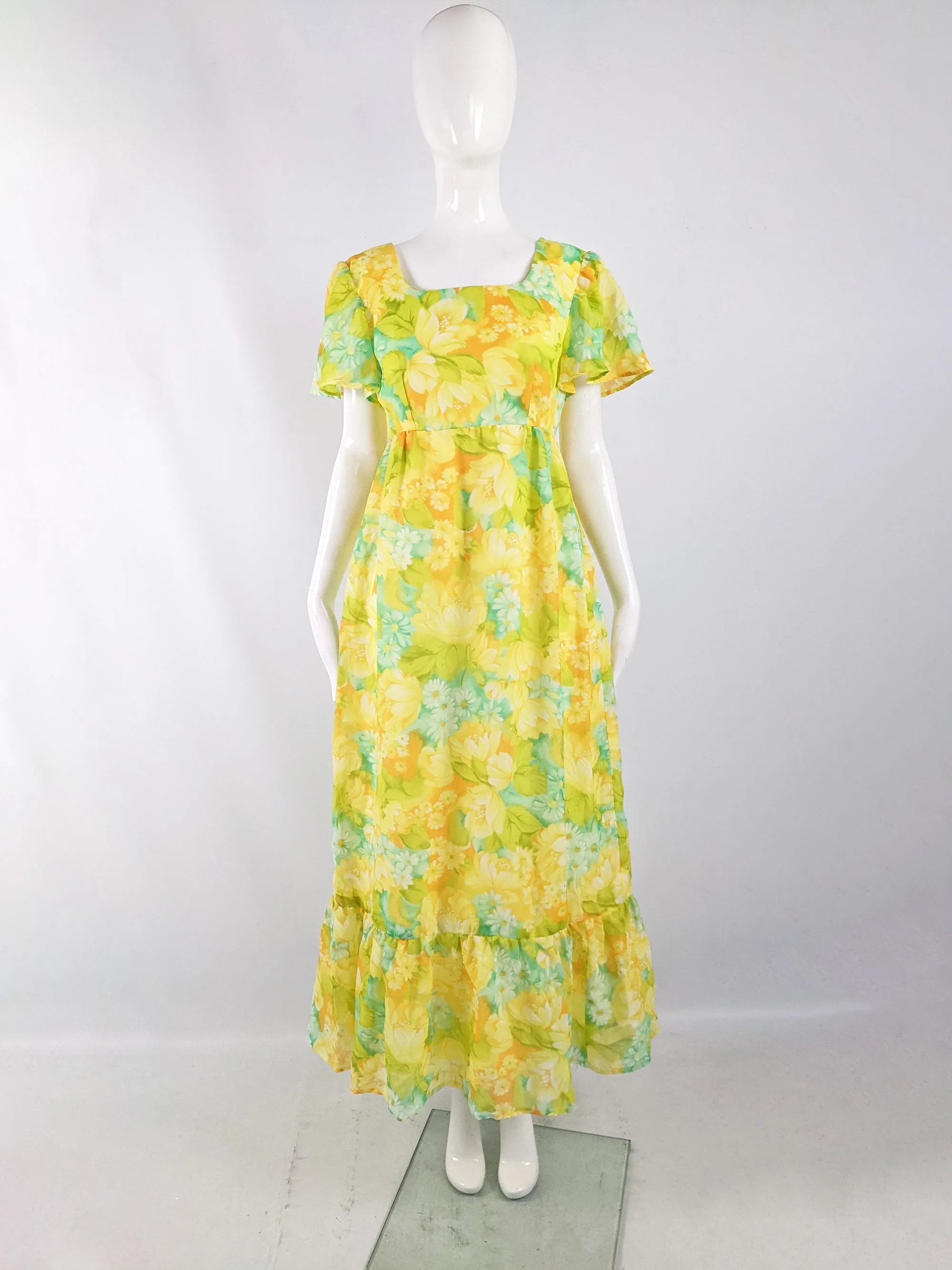 Vintage Yellow & Green Maxi Empire Line Dress, 1970s