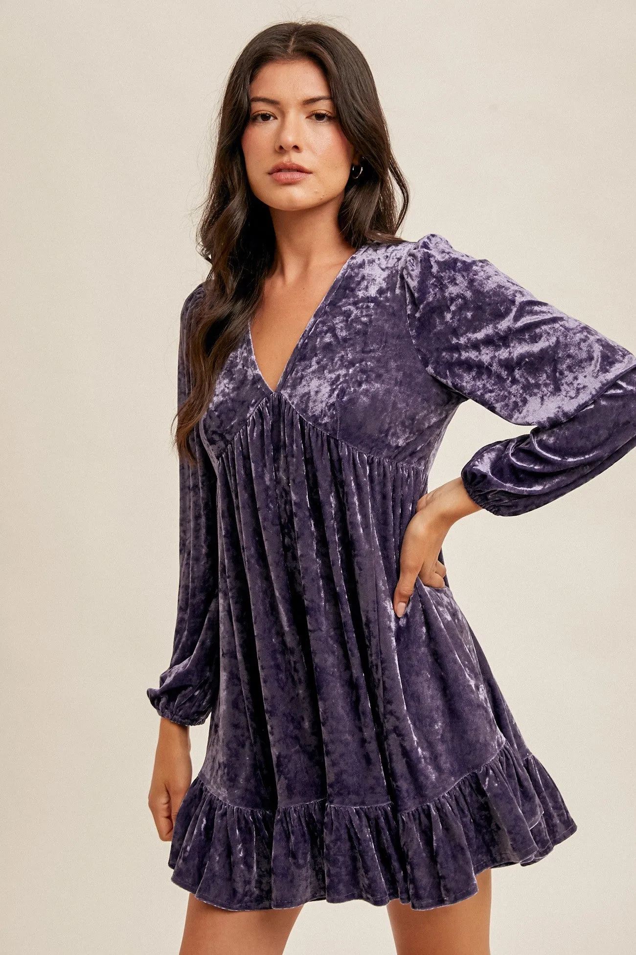 Violet Crushed Velvet V-Neck Babydoll Bubble Sleeve Holiday Cocktail Dress