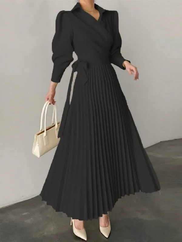 Wenkouban-Black Friday Christmas Thanksgiving Office Pleated Asymmetric Solid Color Lapel Maxi Dresses