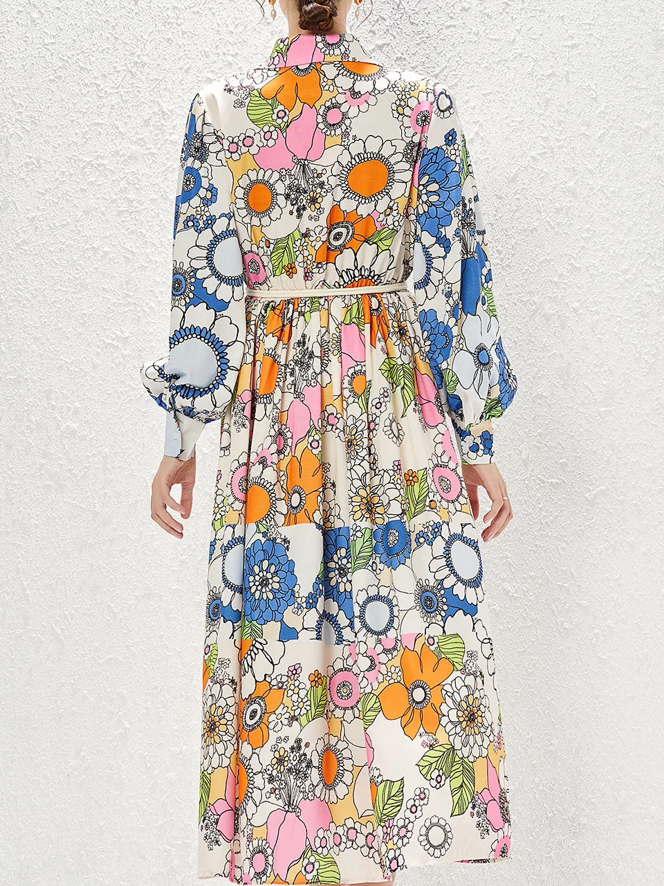 White Turn Down Collar Sun Flower Print Long Sleeve Bohemian Dress Maxi Dress