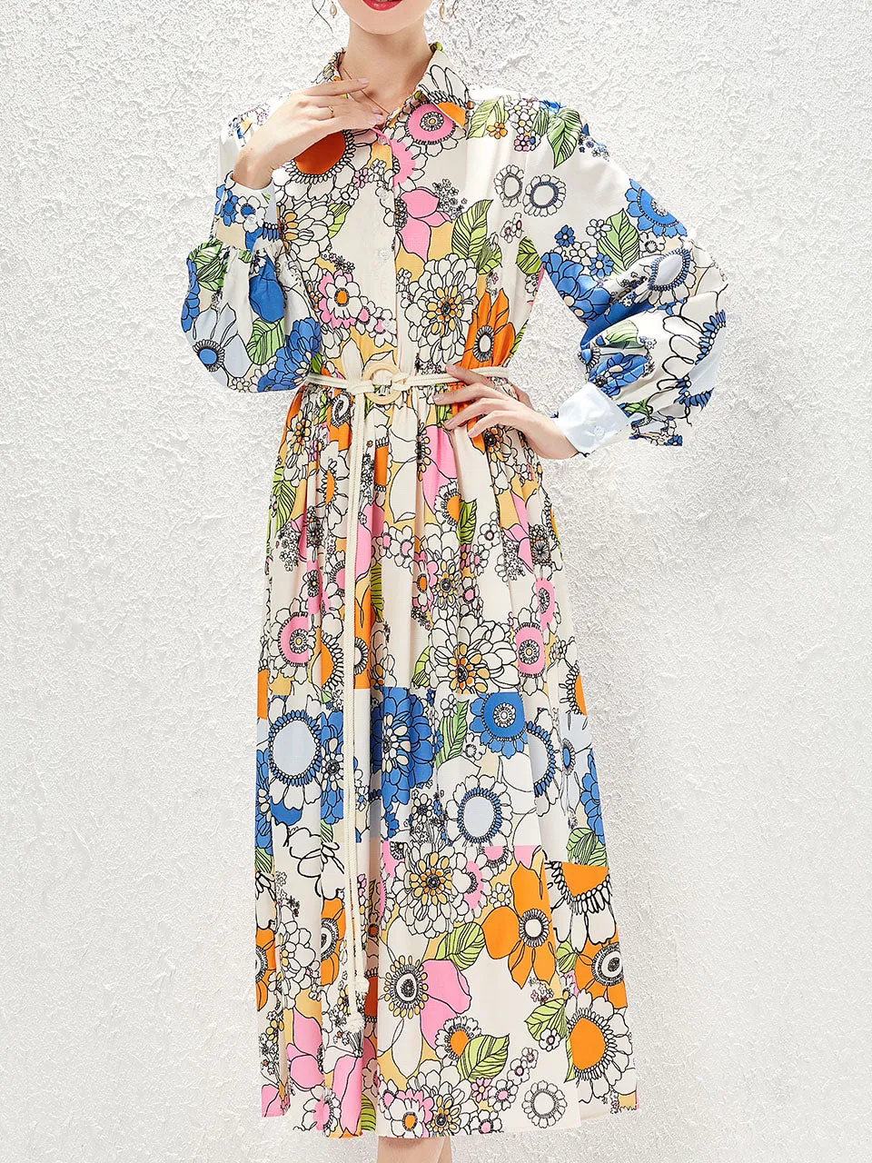 White Turn Down Collar Sun Flower Print Long Sleeve Bohemian Dress Maxi Dress