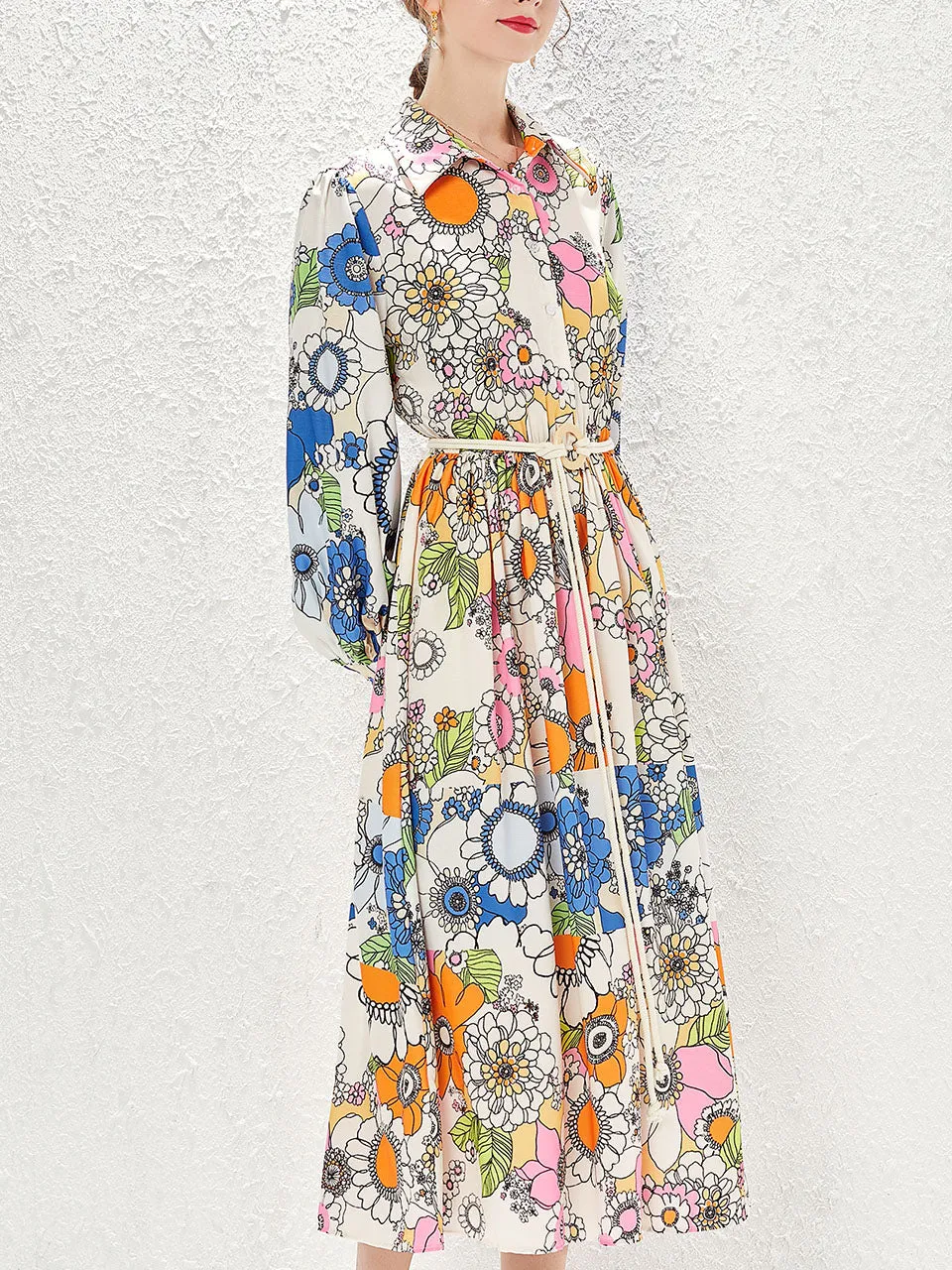 White Turn Down Collar Sun Flower Print Long Sleeve Bohemian Dress Maxi Dress