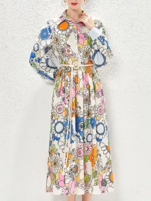 White Turn Down Collar Sun Flower Print Long Sleeve Bohemian Dress Maxi Dress