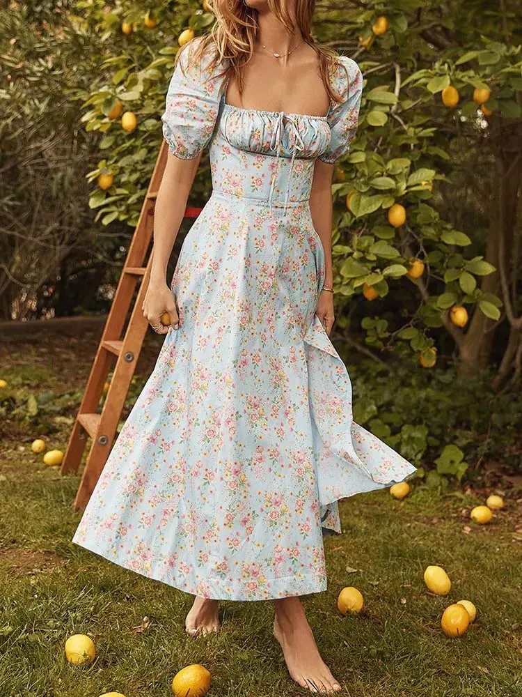 Women Floral Print Elegant A line Long Dresses Spring Summer Chic Party Maxi Dress  Robe Femme