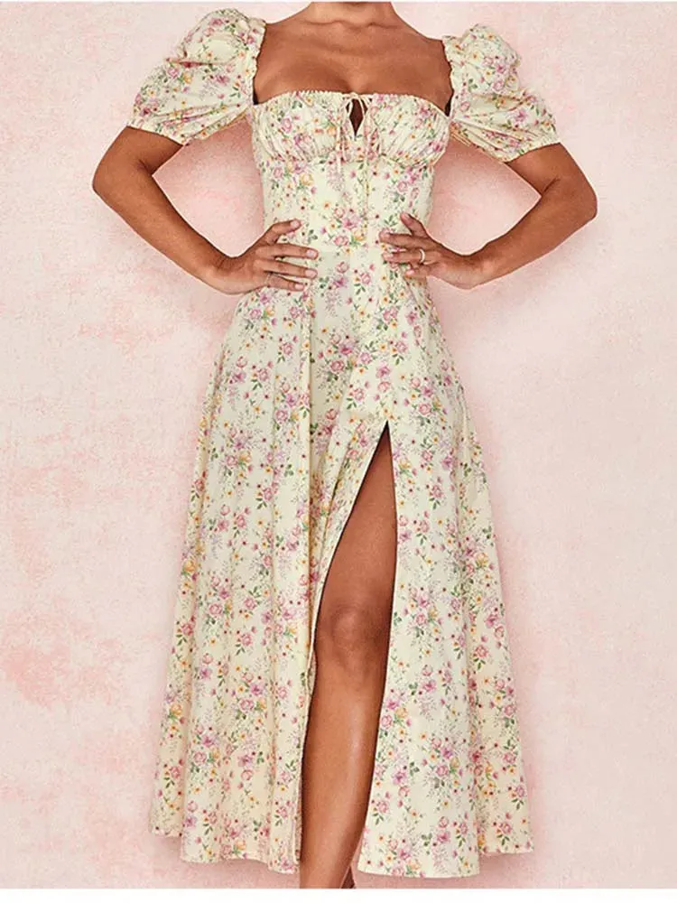 Women Floral Print Elegant A line Long Dresses Spring Summer Chic Party Maxi Dress  Robe Femme