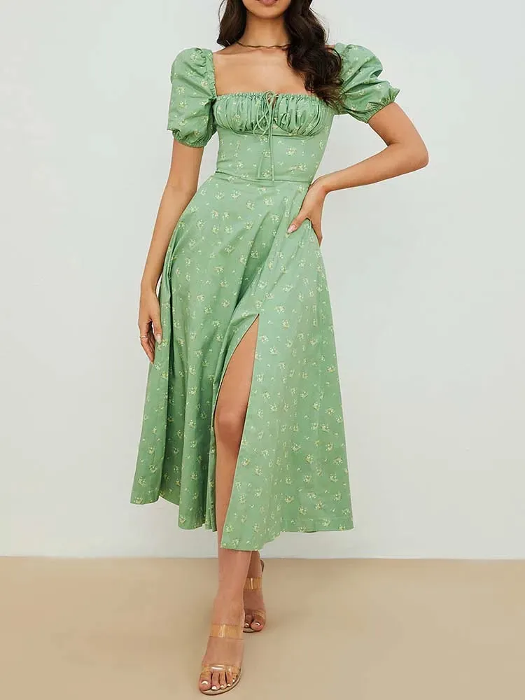 Women Floral Print Elegant A line Long Dresses Spring Summer Chic Party Maxi Dress  Robe Femme