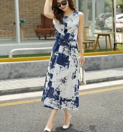 Women Retro Ink Printing Linen Dress Long Section Vintage Dress 2016 Summer Style Round Neck Sleeveless Cotton Dress Plus Size