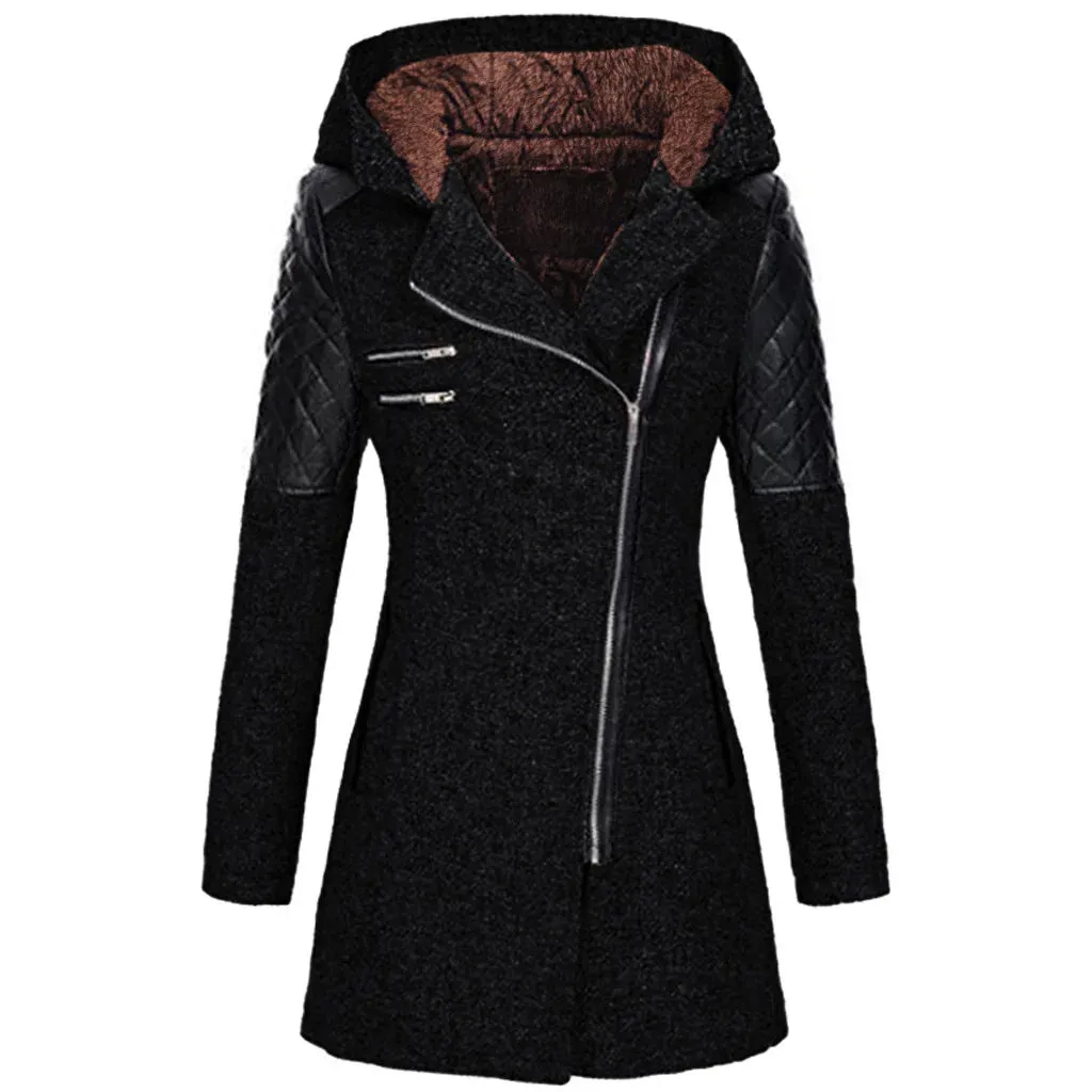 Women's autumn and winter mid length hooded loose diagonal zipper woolen trench coat composite plush cotton jacket