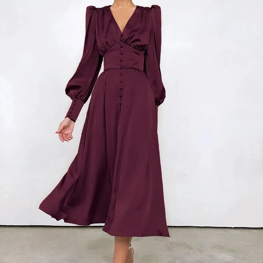 Women's Fall V-neck Satin High Waist Button Skinny Vintage Split Maxi Dress