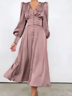 Women's Fall V-neck Satin High Waist Button Skinny Vintage Split Maxi Dress