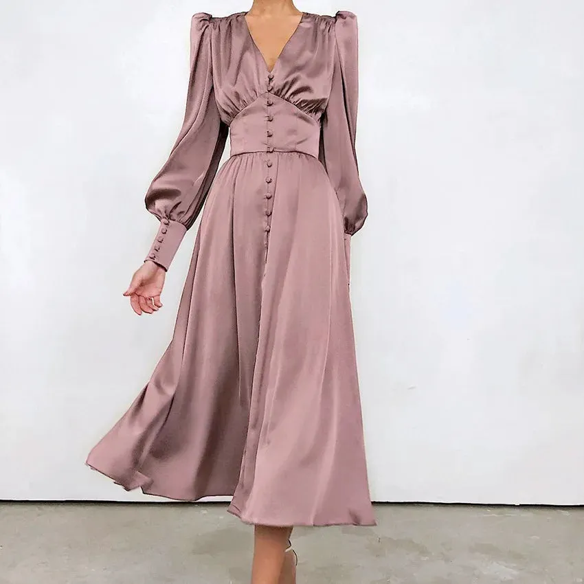 Women's Fall V-neck Satin High Waist Button Skinny Vintage Split Maxi Dress