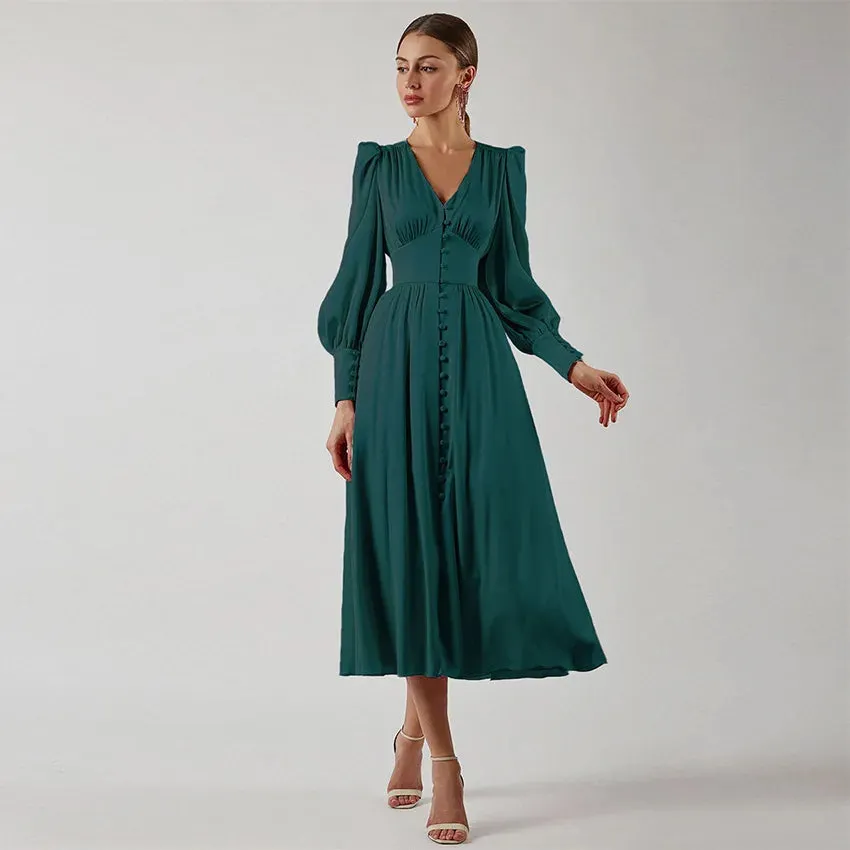 Women's Fall V-neck Satin High Waist Button Skinny Vintage Split Maxi Dress