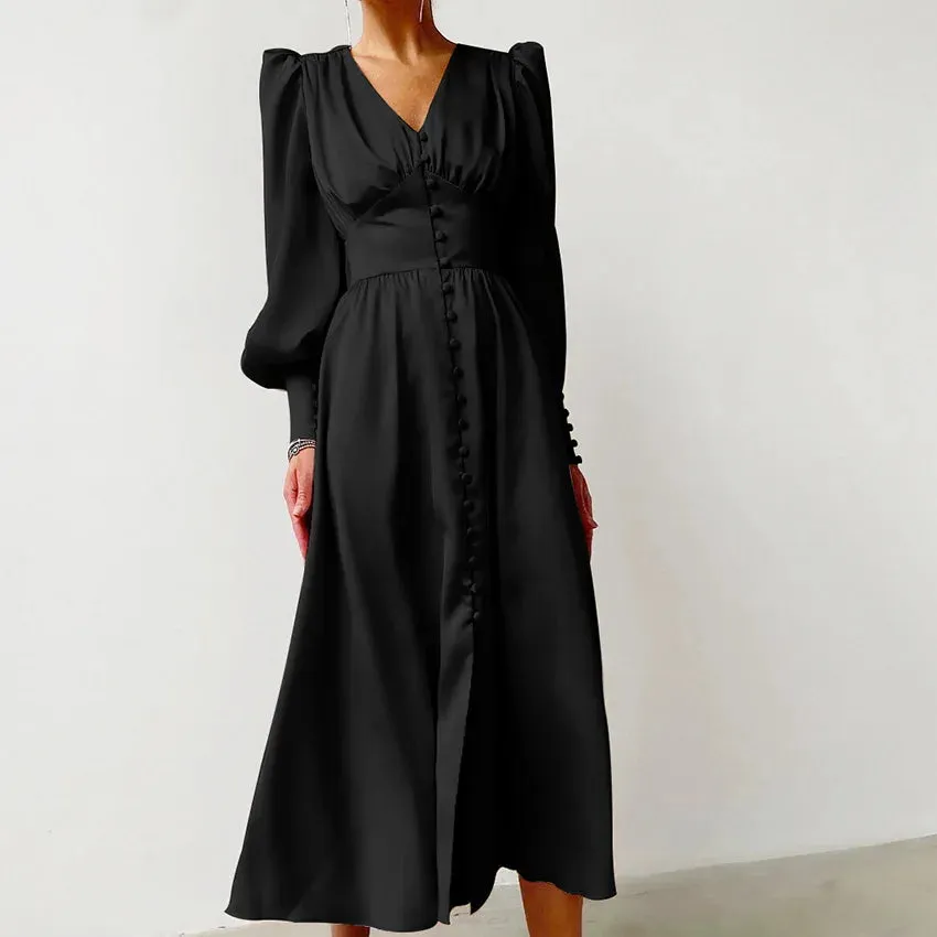 Women's Fall V-neck Satin High Waist Button Skinny Vintage Split Maxi Dress