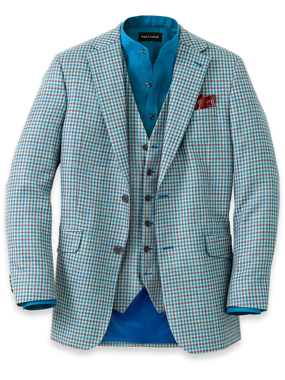 Wool Blend Check Notch Lapel Sport Coat - Blue/burgundy