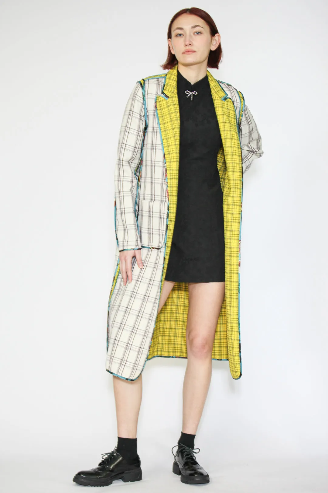 Wool Plaid and Silk Piping Reversible Coat