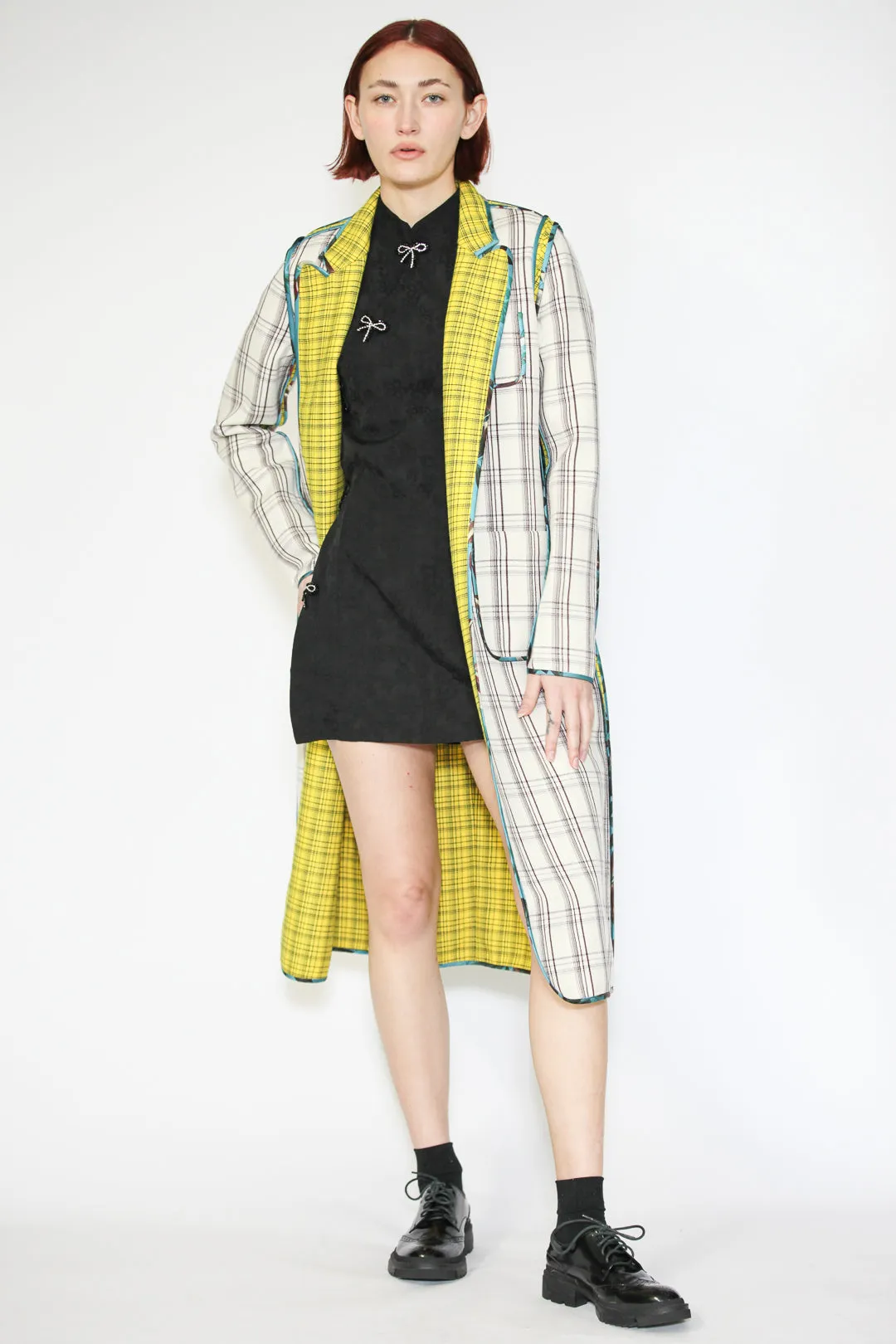 Wool Plaid and Silk Piping Reversible Coat